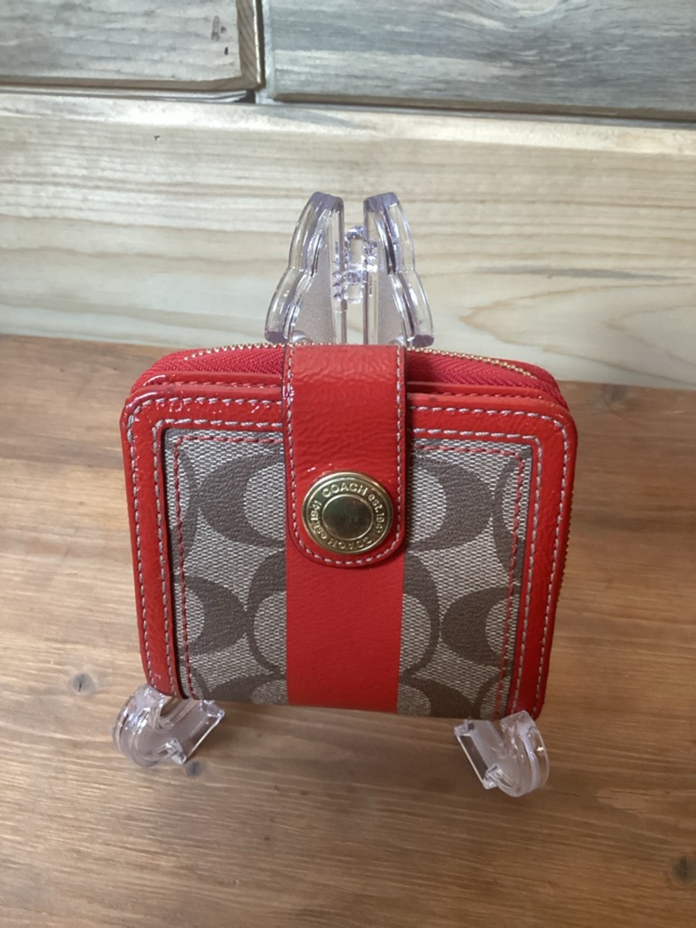 Coach Compact Wallet in Red and Tan Signature Canvas